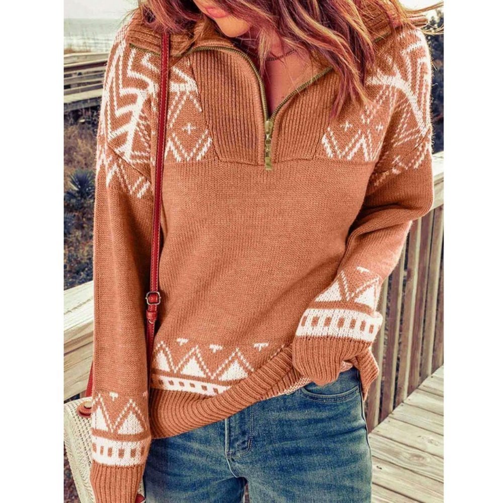 Geo Pattern Half Zip Sweater Top - Picture 6 of 7